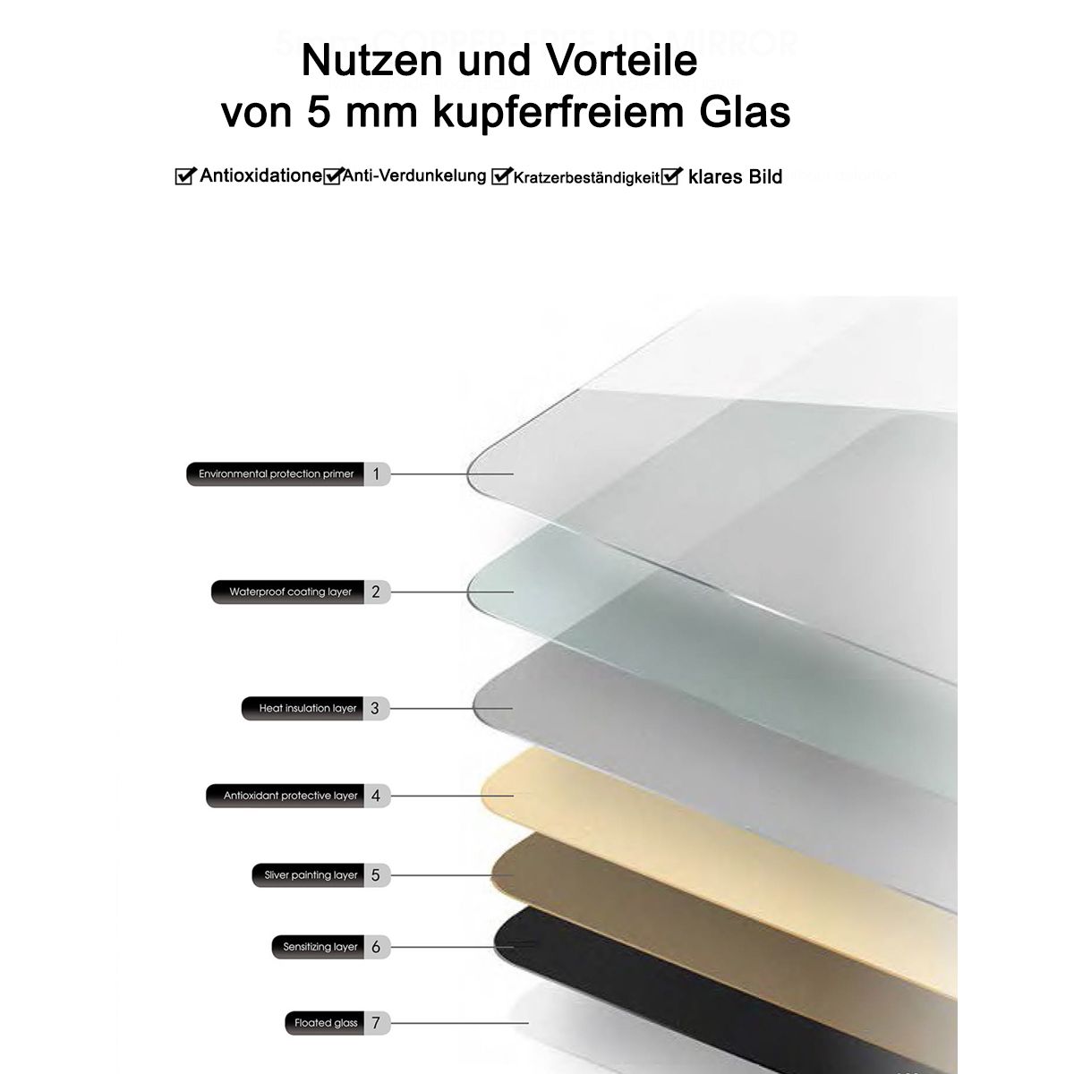 LED-Spiegel, Anti-Beschlag und Touch-Taste, 5mm Glas, 3 Lichtfarben, Einstellbare Helligkeit, Maße 60-75 x 80-100 cm, Gloria