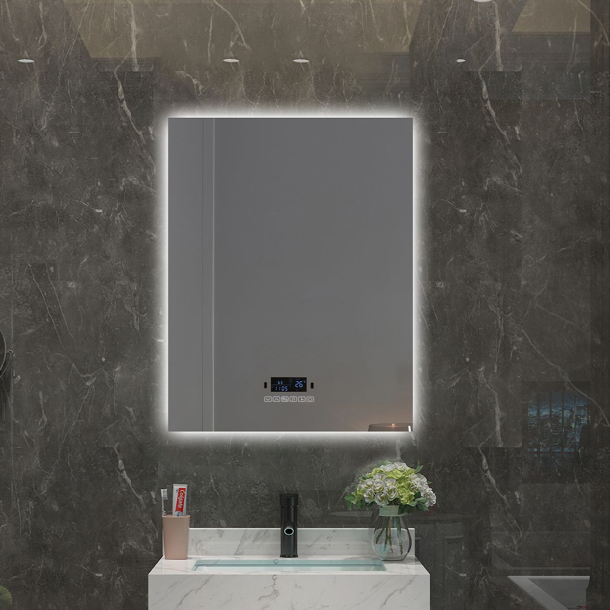 Smart LED-Spiegel, Bluetooth, 3 Lichtfarben, 5 mm, Sensor, Zeit und Temperatur, Anti-Beschlag, Touch, 60-70x80-140 cm, Rubin