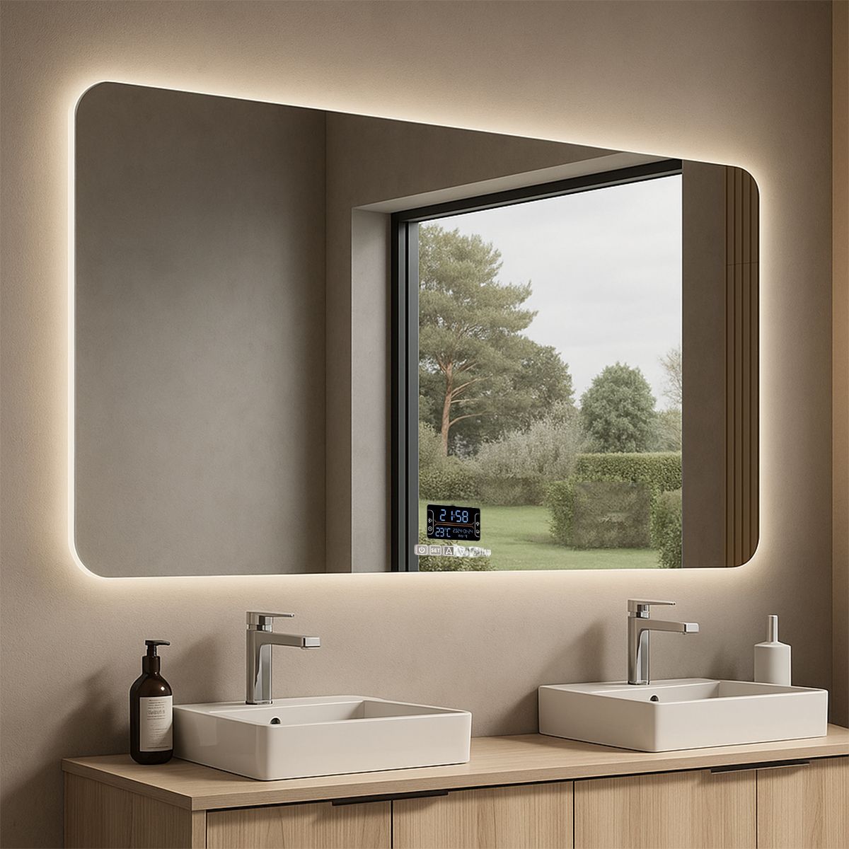 Smart LED-Spiegel, 5 mm Glas, Anti-Beschlag, Touch-Taste, Temperaturanzeige, 3 Lichtfarben, Bluetooth, 70-75-90x120-150 cm, Mira