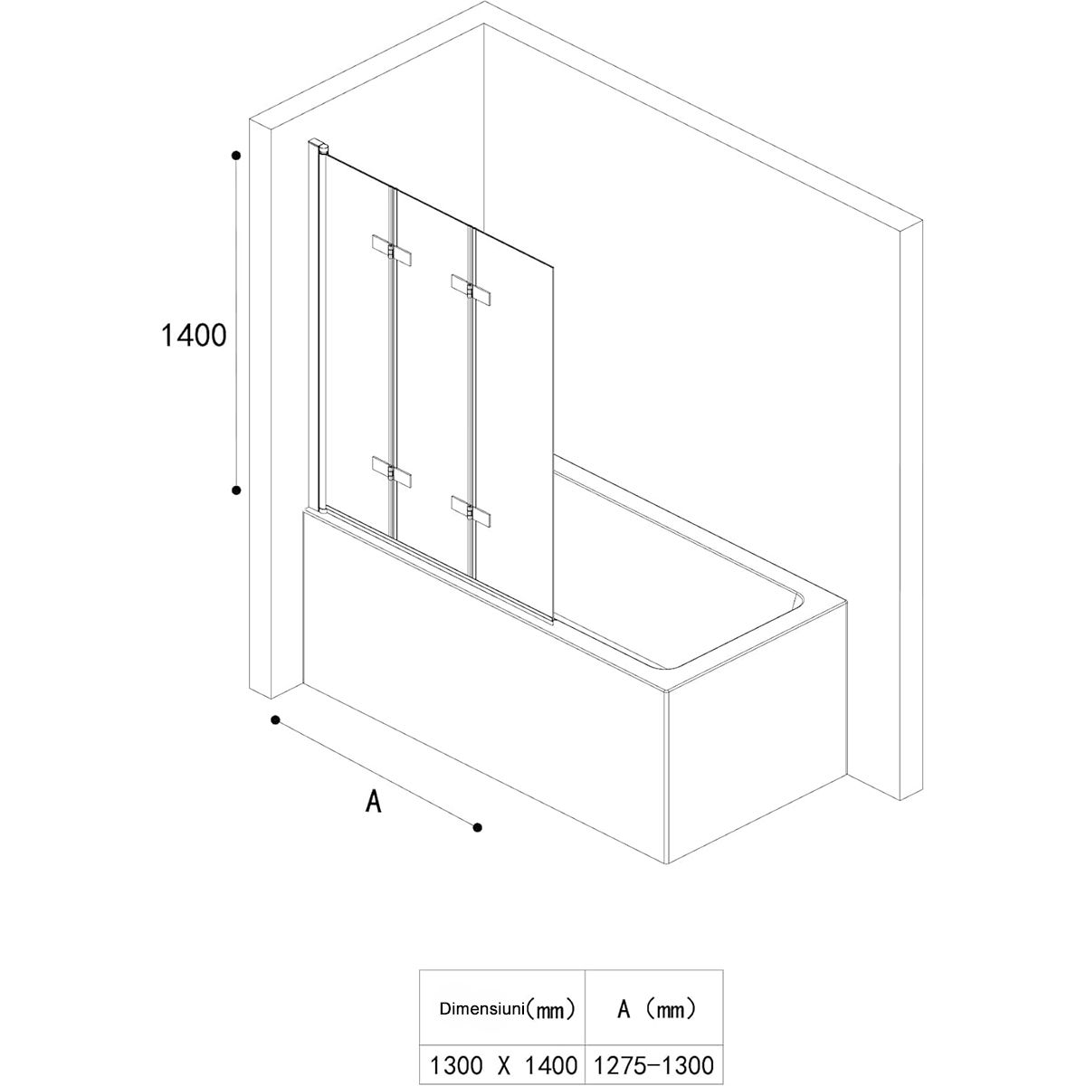 Badabtrennung EGO-116, 130x140 cm, Sicherheitsglas 6 mm, 180° schwenkbar, Linksmontage, EGO-116, Nano Easy Clean Beschichtung