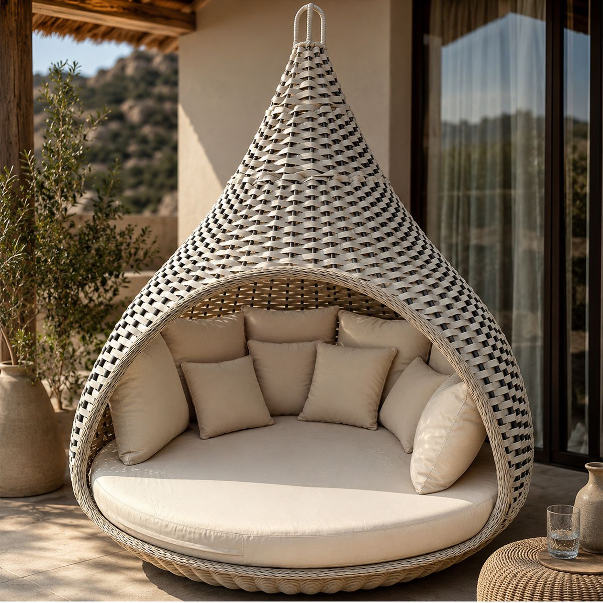 Außenbett für Garten oder Terrasse, Nestform, 10 Kissen, Aluminiumrahmen, Rattangeflecht, Durchmesser 180x220 cm, Rustica