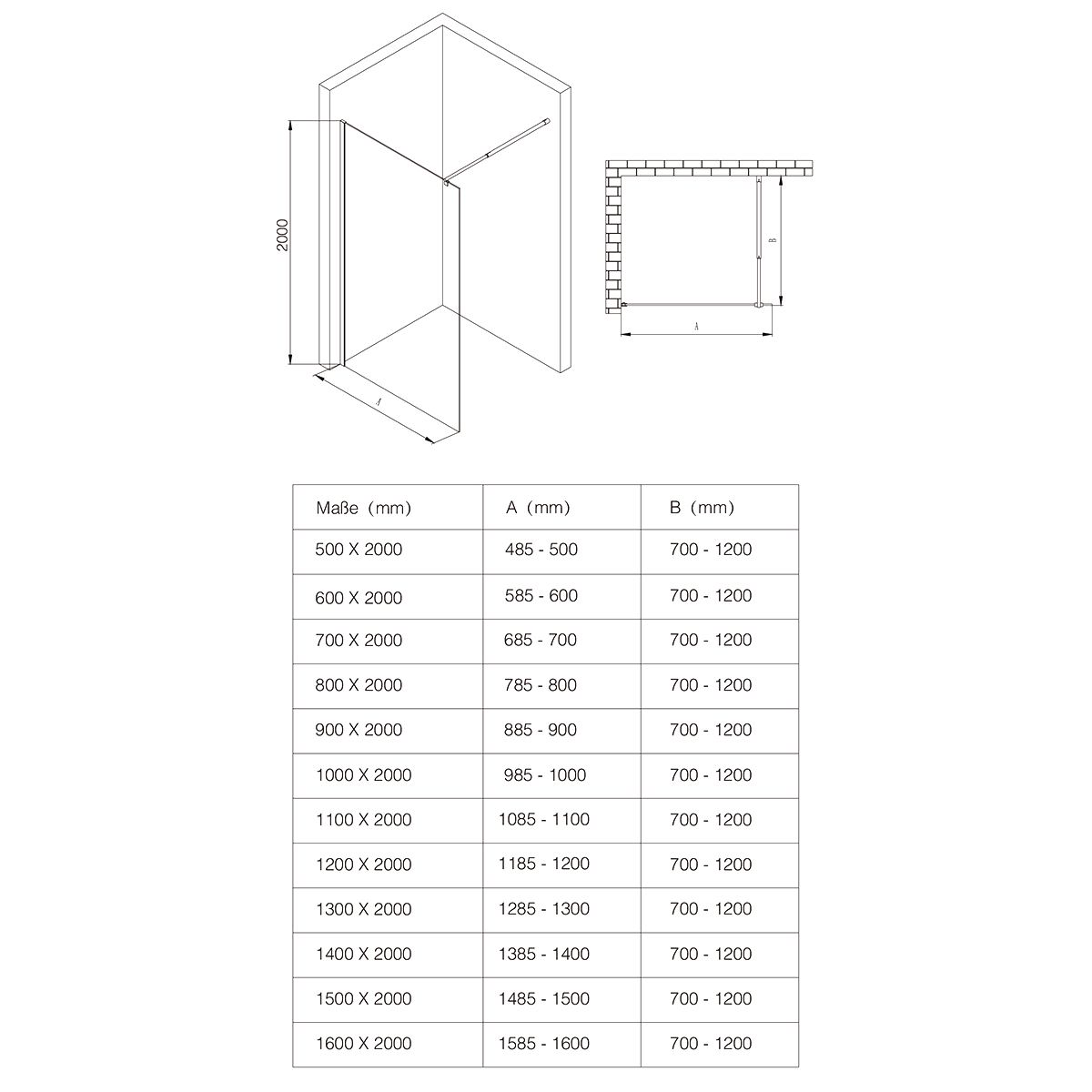 Walk-In Duschwand Ultra-Slim, 8 mm Sicherheitsglas, Maße 80-160x200 cm, verchromtes Profil, Nano Easy Clean, Matia