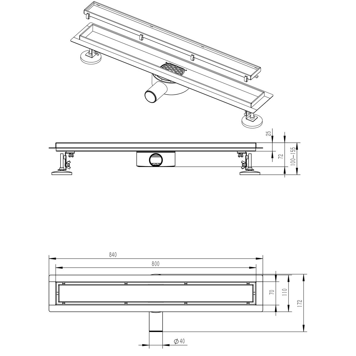 Duschrinne, 360° Siphon, Mattgold, Edelstahl SS304, Größen: 60 oder 80 cm, Elegro