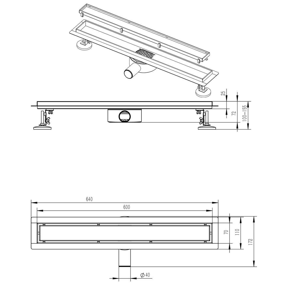 Duschrinne, 360° Siphon, Chrom, Edelstahl SS304, Größen: 60 oder 80 cm, Elegro
