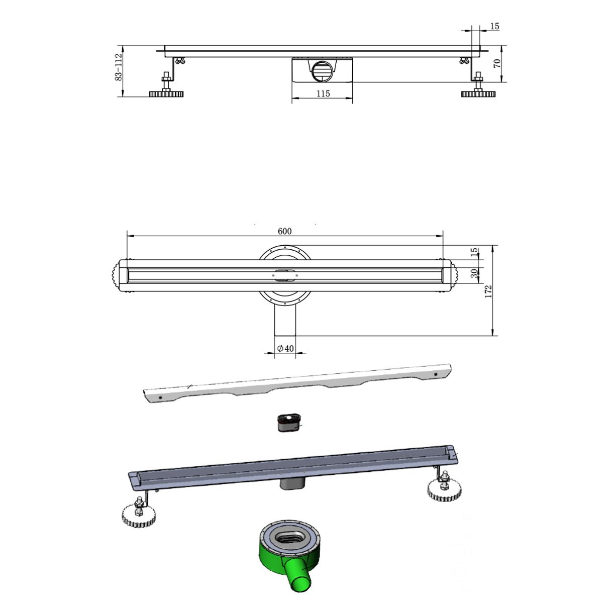 Slim-Duschrinne, Siphon 360°, Größen: 60 oder 80 cm, Edelstahl SS304, Mattgold, Rivela