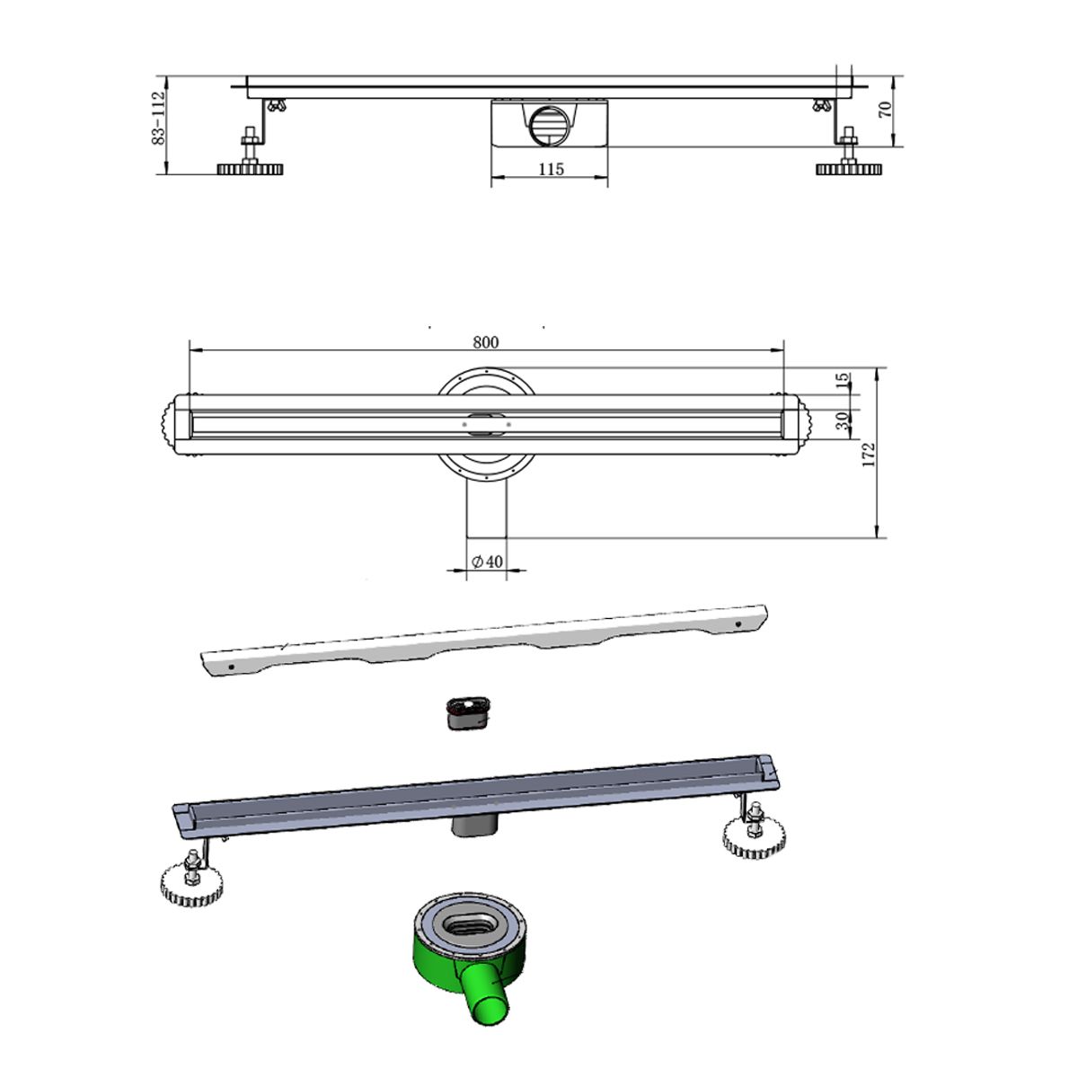Slim-Duschrinne, Siphon 360°, Größen: 60 oder 80 cm, Edelstahl SS304, Mattschwarz, Rivela
