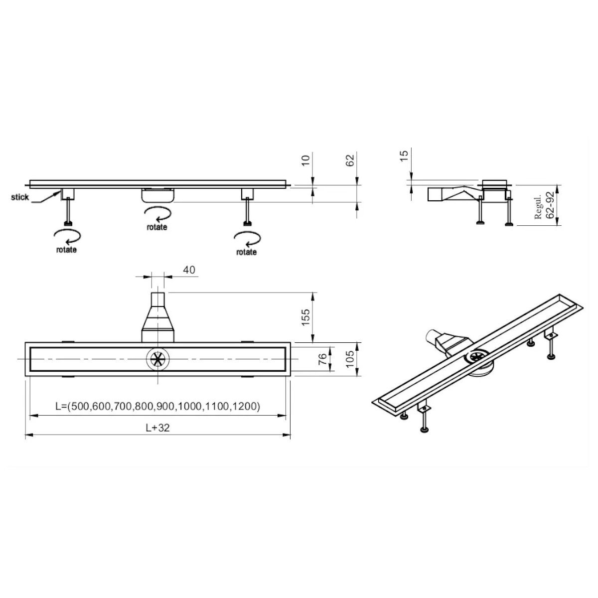 Duschrinne, befliesbar, Smart Pipe Siphon, Einbaumodell unter der Fliese, Premium Low Black, Größen 50-120 cm