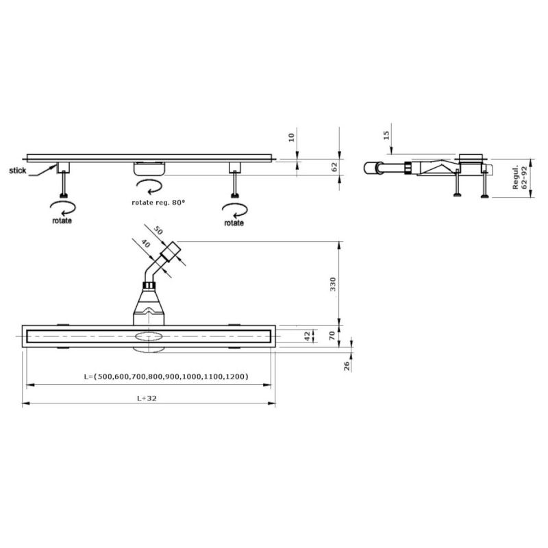 Duschrinne, verfliesbar, Viega Siphon, Einbau unter der Fliese, Schwarz, Slim, Größen 50-120 cm, Breite 3,2 cm