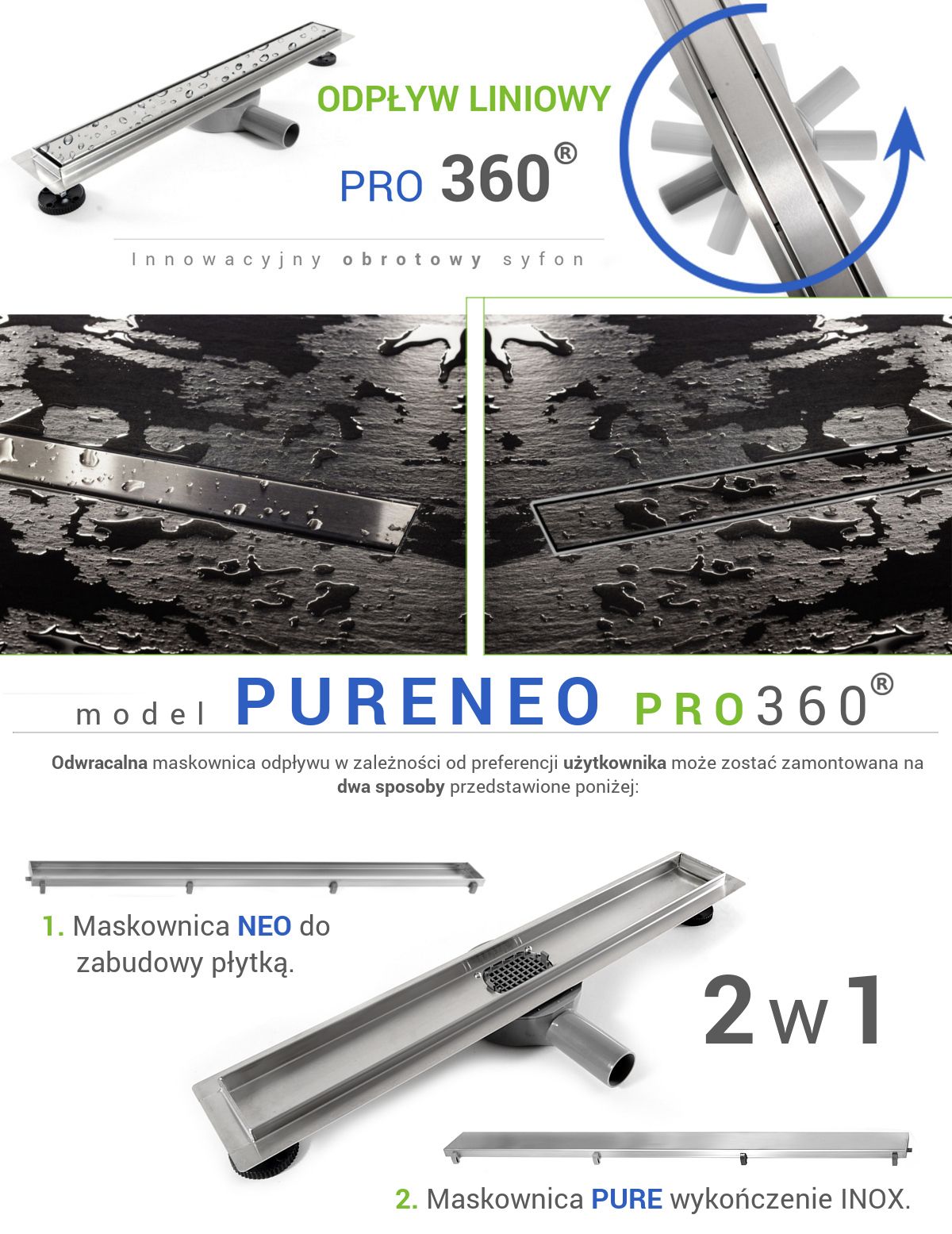 Duschrinne EGO-PRO, Größen von 50 bis 100 cm, beidseitig verwendbar, Edelstahl