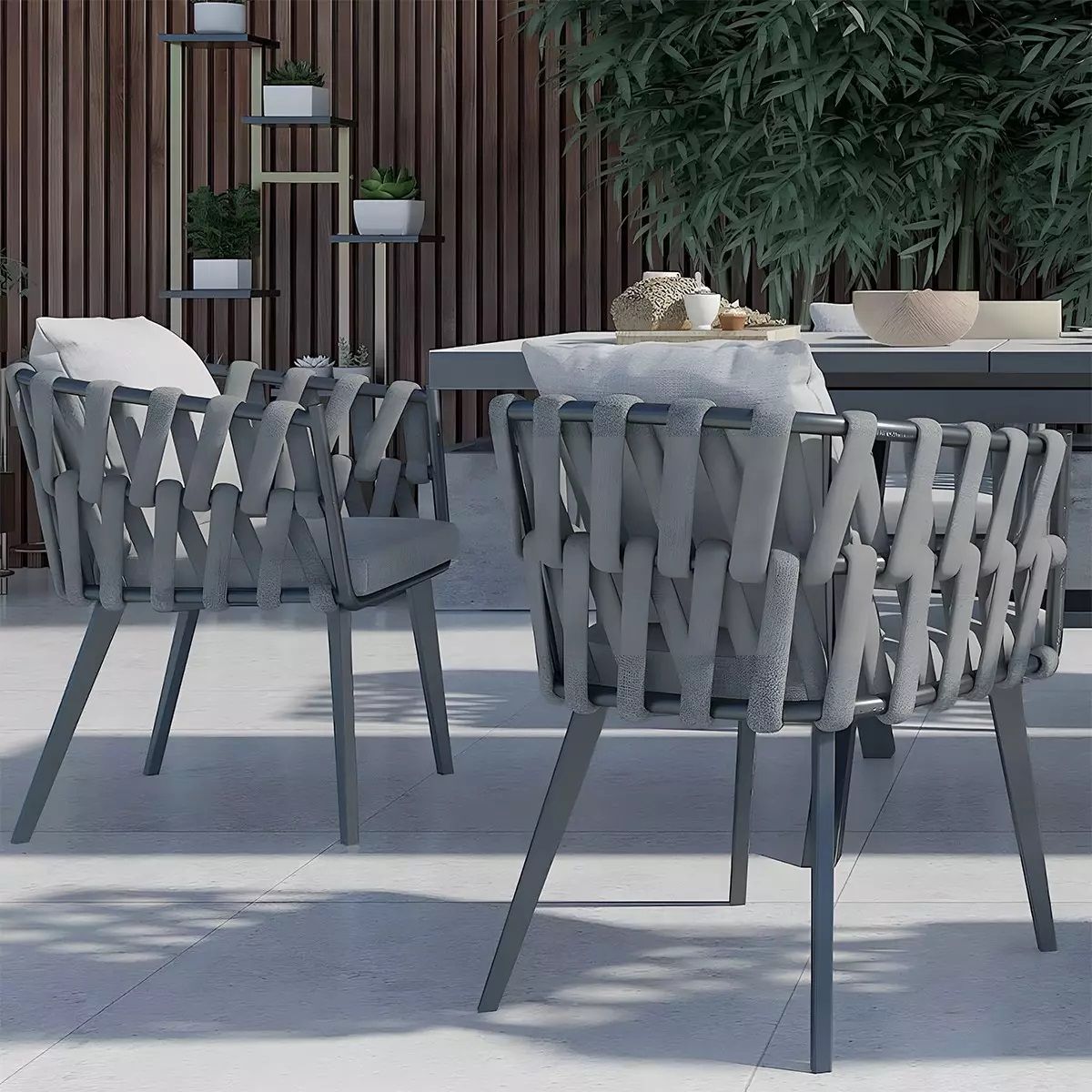Stuhl Riga, für Terrassenmöbel, Aluminium, 5 cm Kissen, Seilgeflecht, 58 x 64,5 x 75 cm