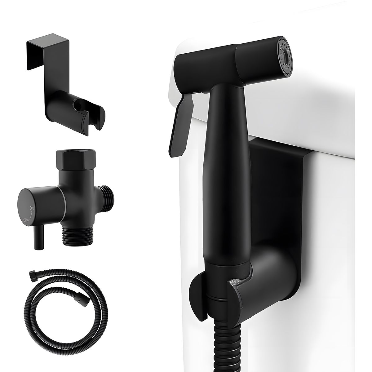 Hygienedusch-Set, Stahl, Messing, Montage an der Wand oder am WC-Spülkasten, Schlauchlänge 1,5 m, Mattschwarz, Bliss