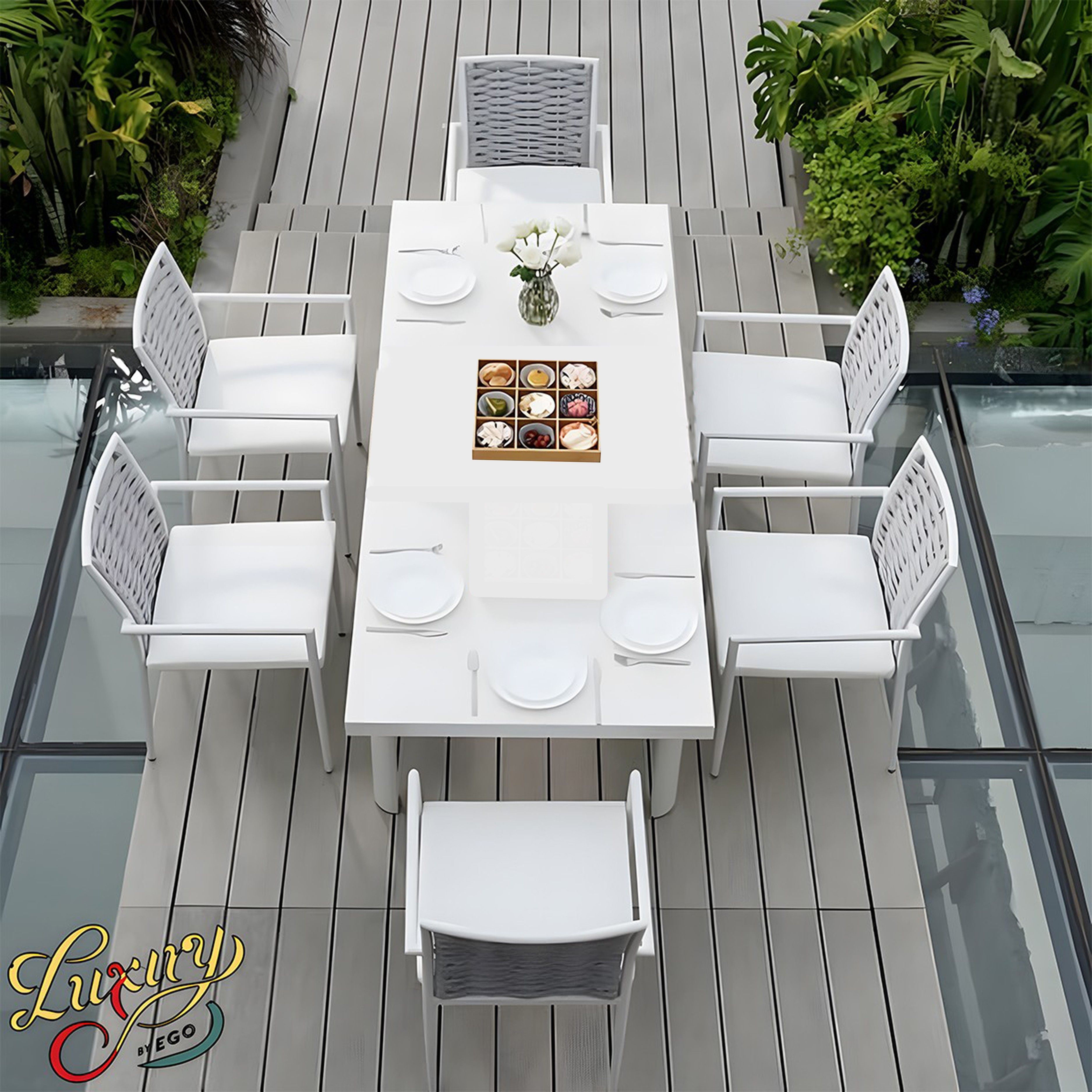 Möbelset für Garten oder Terrasse – Tisch aus Aluminium und Holz, 6 Stühle mit Seilgeflecht, Torino