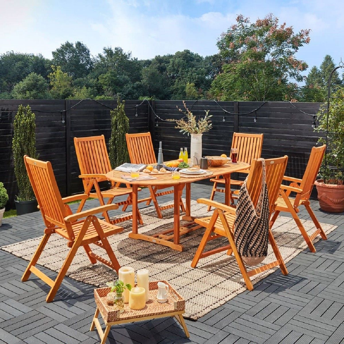 Gartenmöbel-Set für die Terrasse, 6 Klappstühle, FSC®- Eukalyptus, Sonnenschirmhalter, Braun, 200x100 x 74 cm, Houston