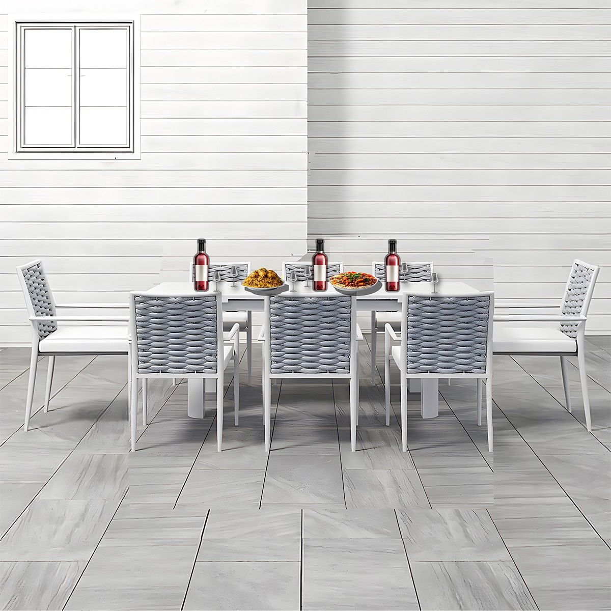 Möbelset für Terrasse und Garten, Tisch aus Aluminium und Holz, 8 Stühle, Seilgeflecht, Torino