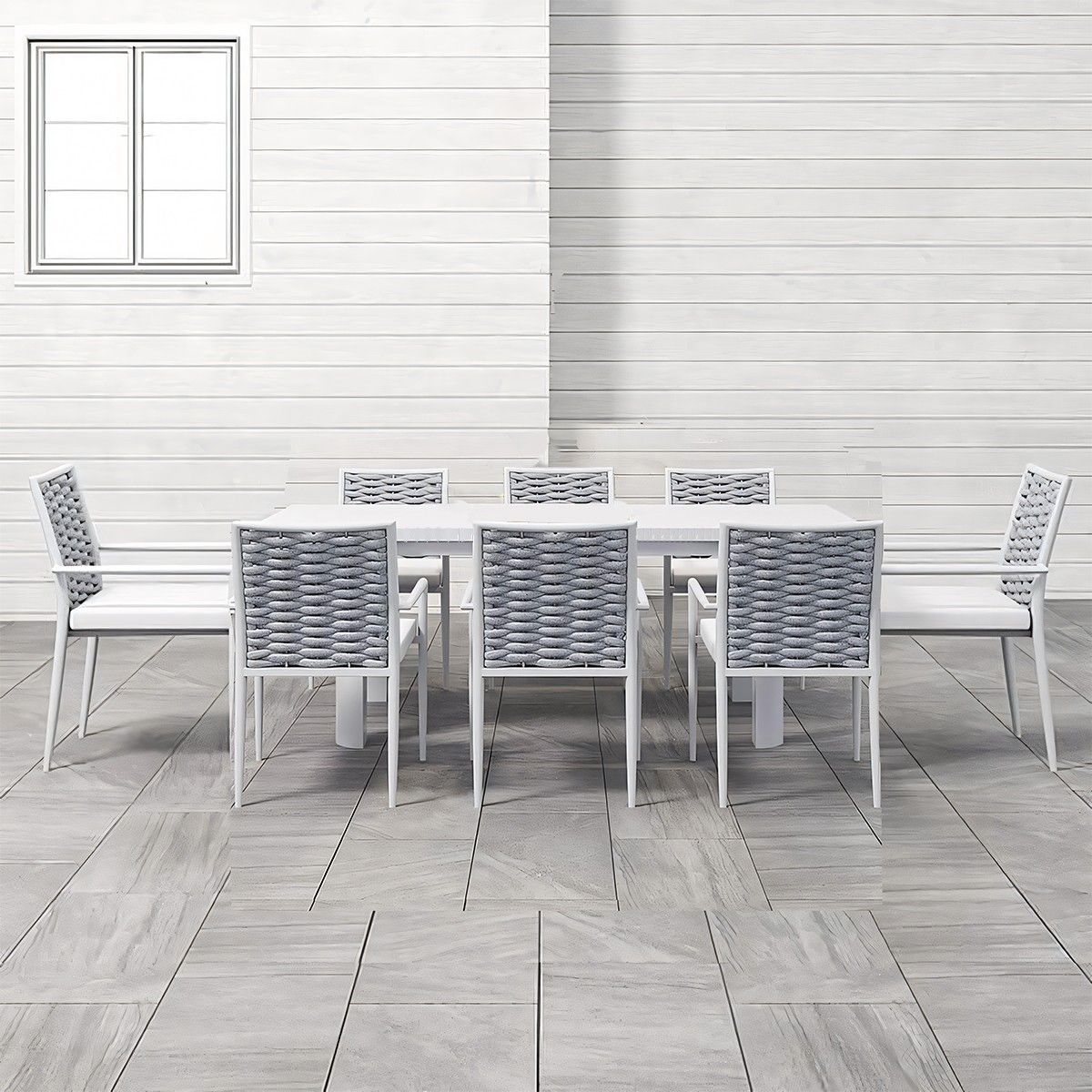Möbelset für Terrasse und Garten, Tisch aus Aluminium und Holz, 8 Stühle, Seilgeflecht, Torino