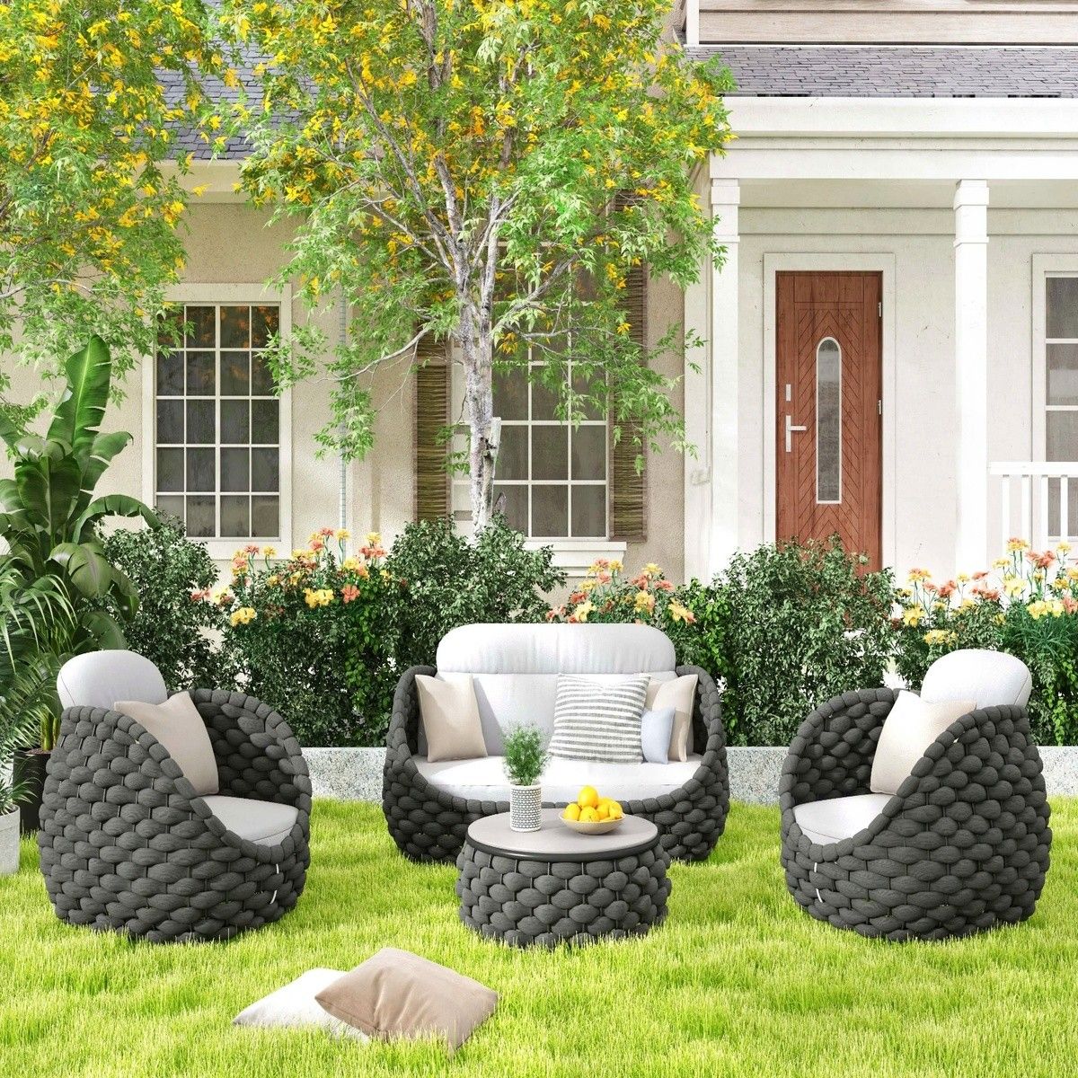 Möbelset für Terrasse und Garten, Sofa, Sessel, Couchtisch, Aluminium, rundes Seilgeflecht, Dylan