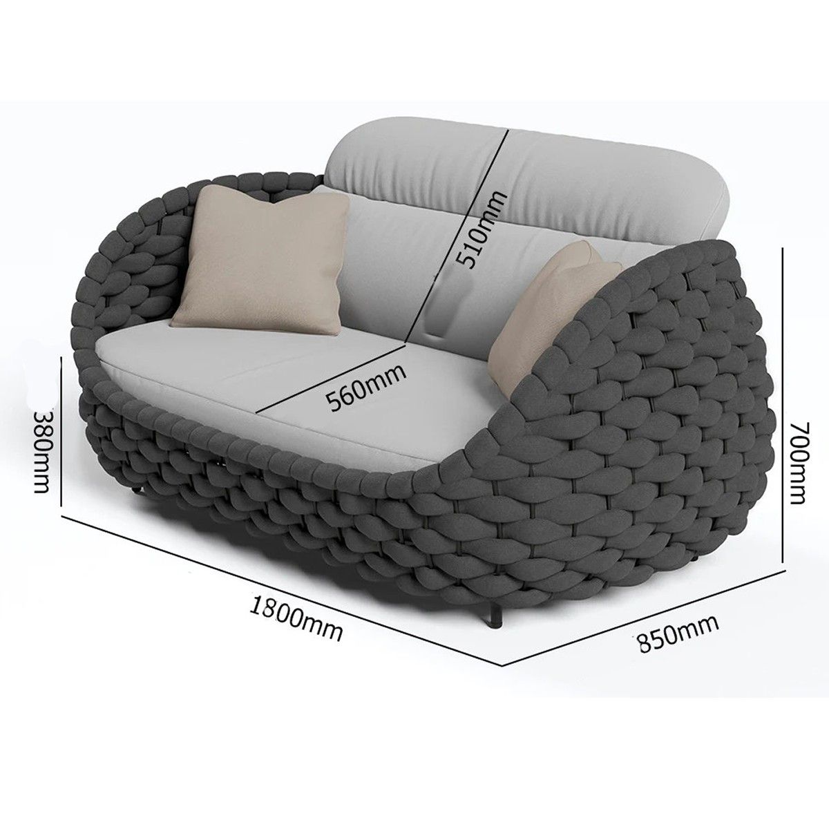 Möbelset für Terrasse und Garten, Sofa, Sessel, Couchtisch, Aluminium, rundes Seilgeflecht, Dylan
