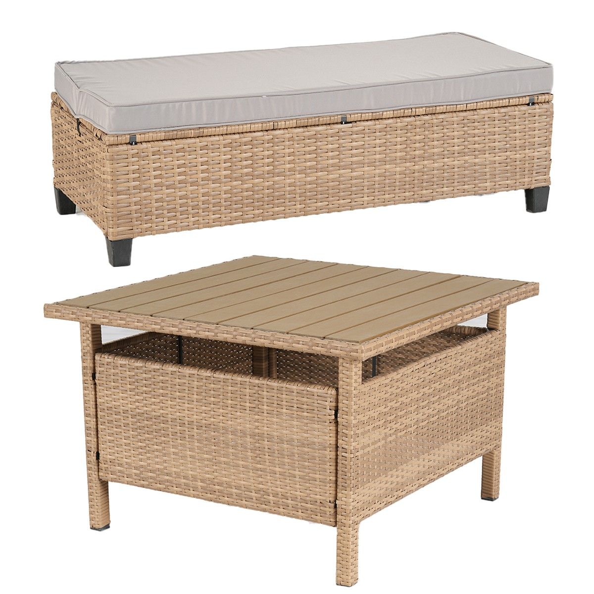 Möbelset für Terrasse oder Garten, Sofa, 2 Bänke und quadratischer Tisch, Polyrattan, Santorini