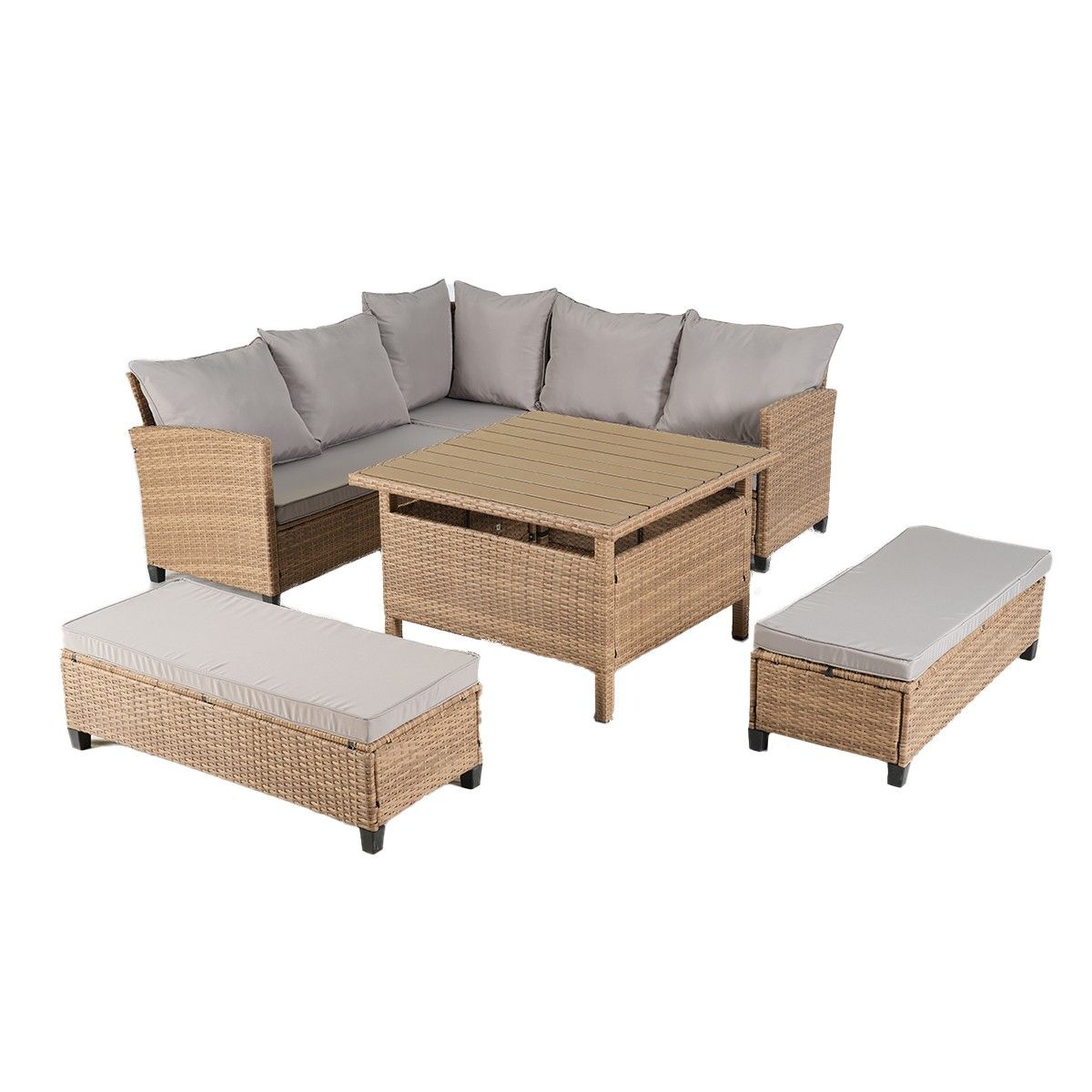 Möbelset für Terrasse oder Garten, Sofa, 2 Bänke und quadratischer Tisch, Polyrattan, Santorini