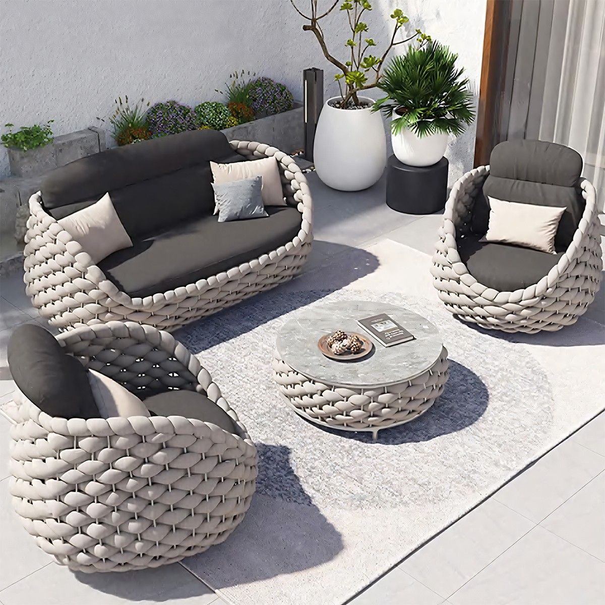 Möbelset für Garten oder Terrasse, Cremefarben, Sofa, Sessel, Couchtisch, Aluminium, Seilgeflecht, Dylan
