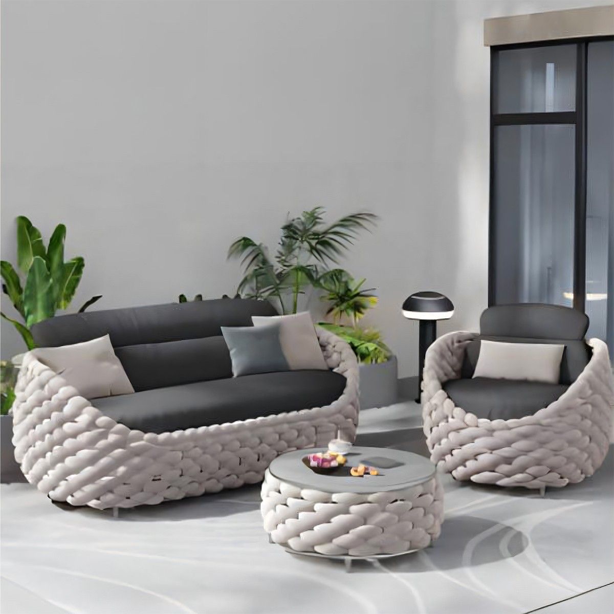 Möbelset für Garten oder Terrasse, Cremefarben, Sofa, Sessel, Couchtisch, Aluminium, Seilgeflecht, Dylan
