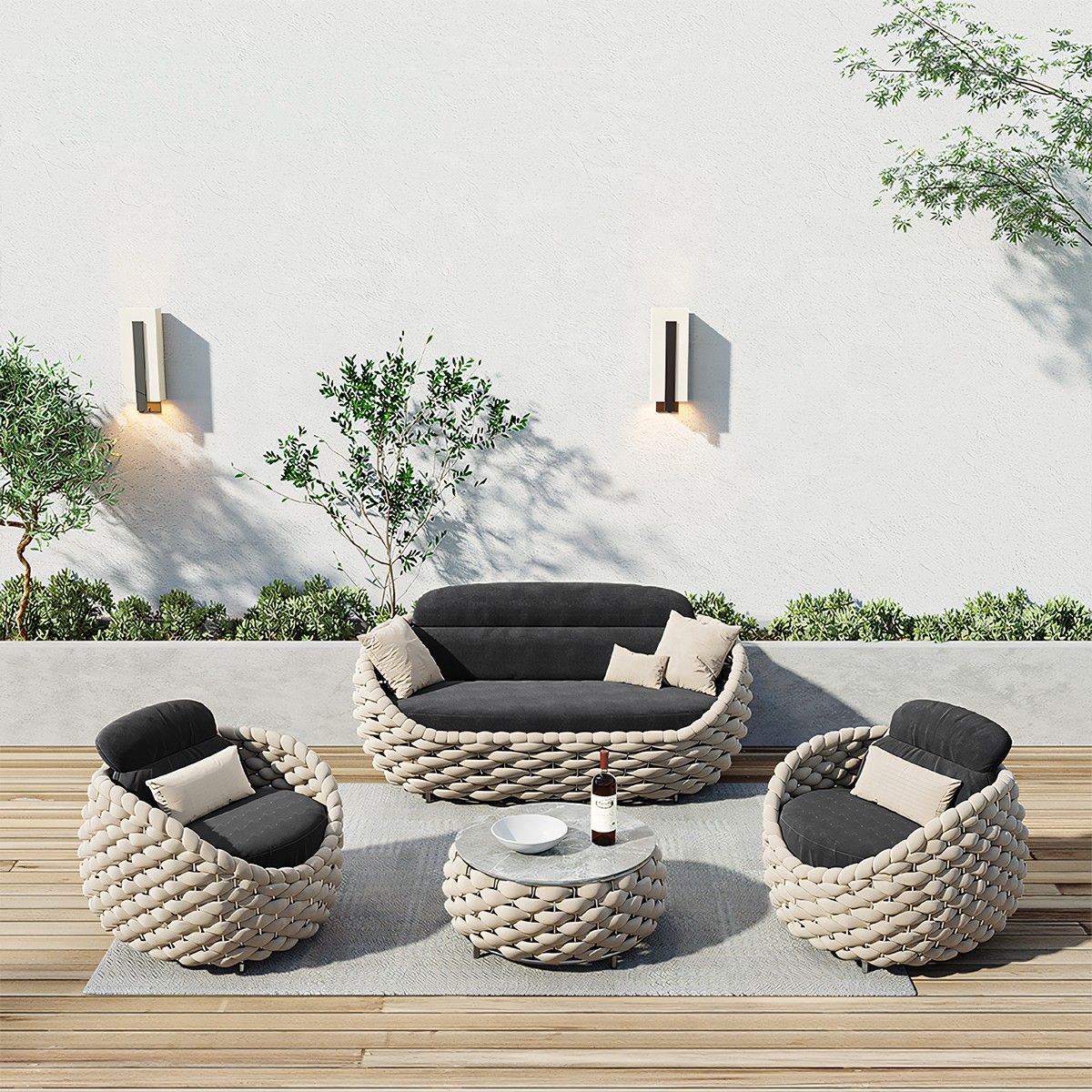 Möbelset für Terrasse und Garten, Creme, Sofa, Sessel, Couchtisch, Aluminium, Seilgeflecht, Dylan