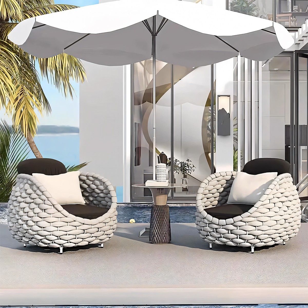 Möbelset für Terrasse und Garten, Creme, Sofa, Sessel, Couchtisch, Aluminium, Seilgeflecht, Dylan