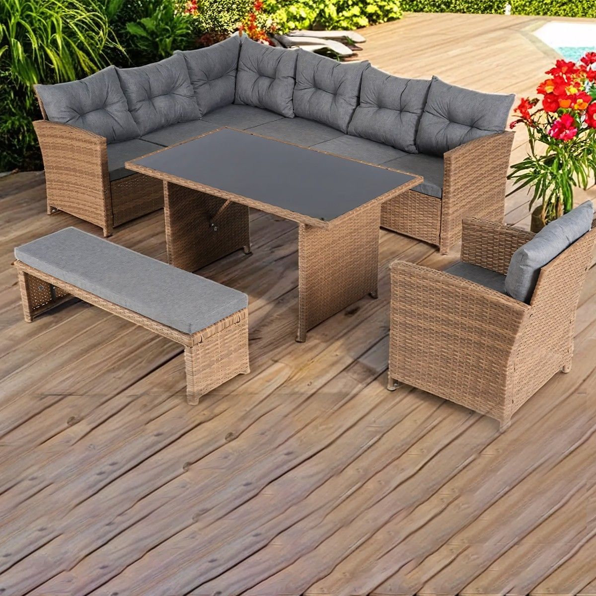 Möbelset für Garten oder Terrasse – Sofa, Sessel, Bank + Tisch mit Glasplatte, inklusive Kissen, Polyrattan, Bali