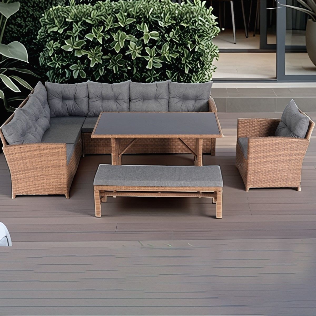Möbelset für Terrasse oder Garten, Sofa, Sessel, Bank + Tisch mit Glasplatte, inklusive Kissen, Polyrattan, Bali