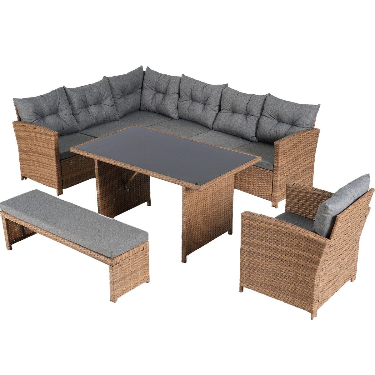 Möbelset für Garten oder Terrasse – Sofa, Sessel, Bank + Tisch mit Glasplatte, inklusive Kissen, Polyrattan, Bali