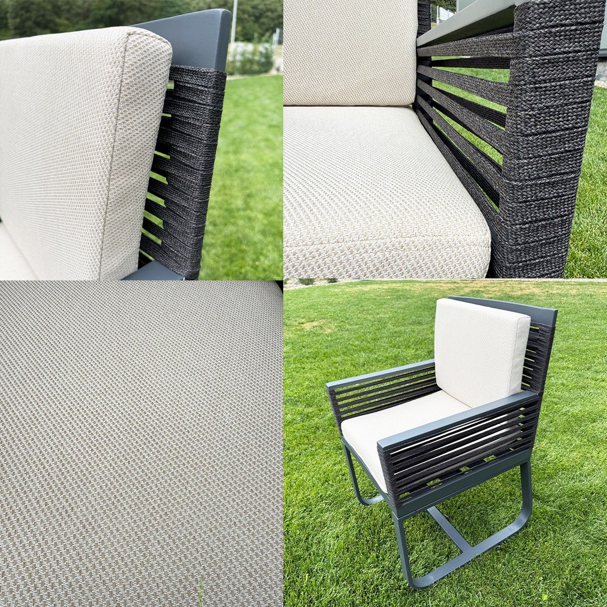 Möbelset für 8 Personen, Garten oder Terrasse, Tisch 240x100 cm + 8 Stühle, Aluminium, Seilgeflecht, Capri