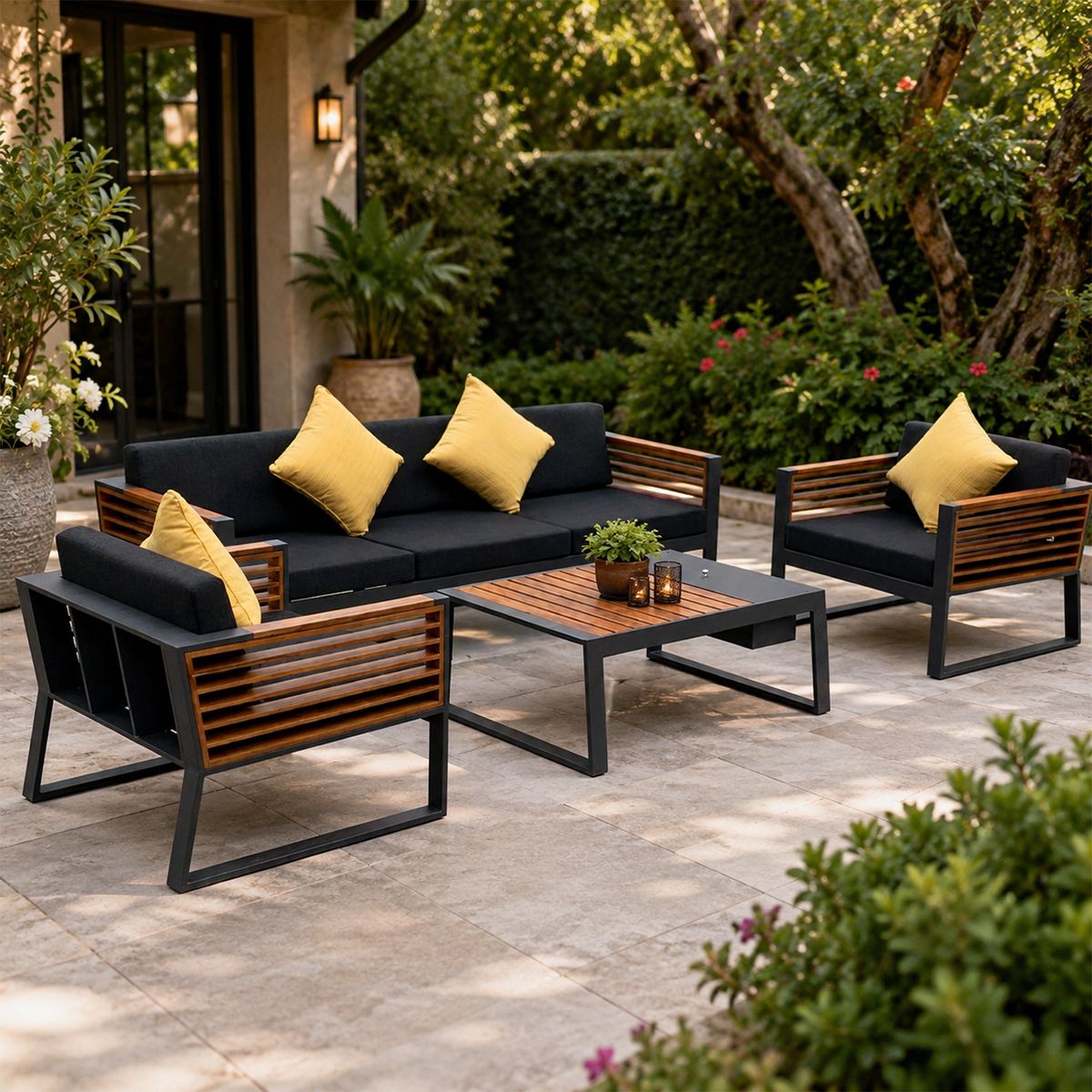 Möbelset für Garten oder Terrasse – Sofa, 2 Sessel, Couchtisch mit Ice Bucket, Aluminium und Holz, inklusive Kissen, Kia