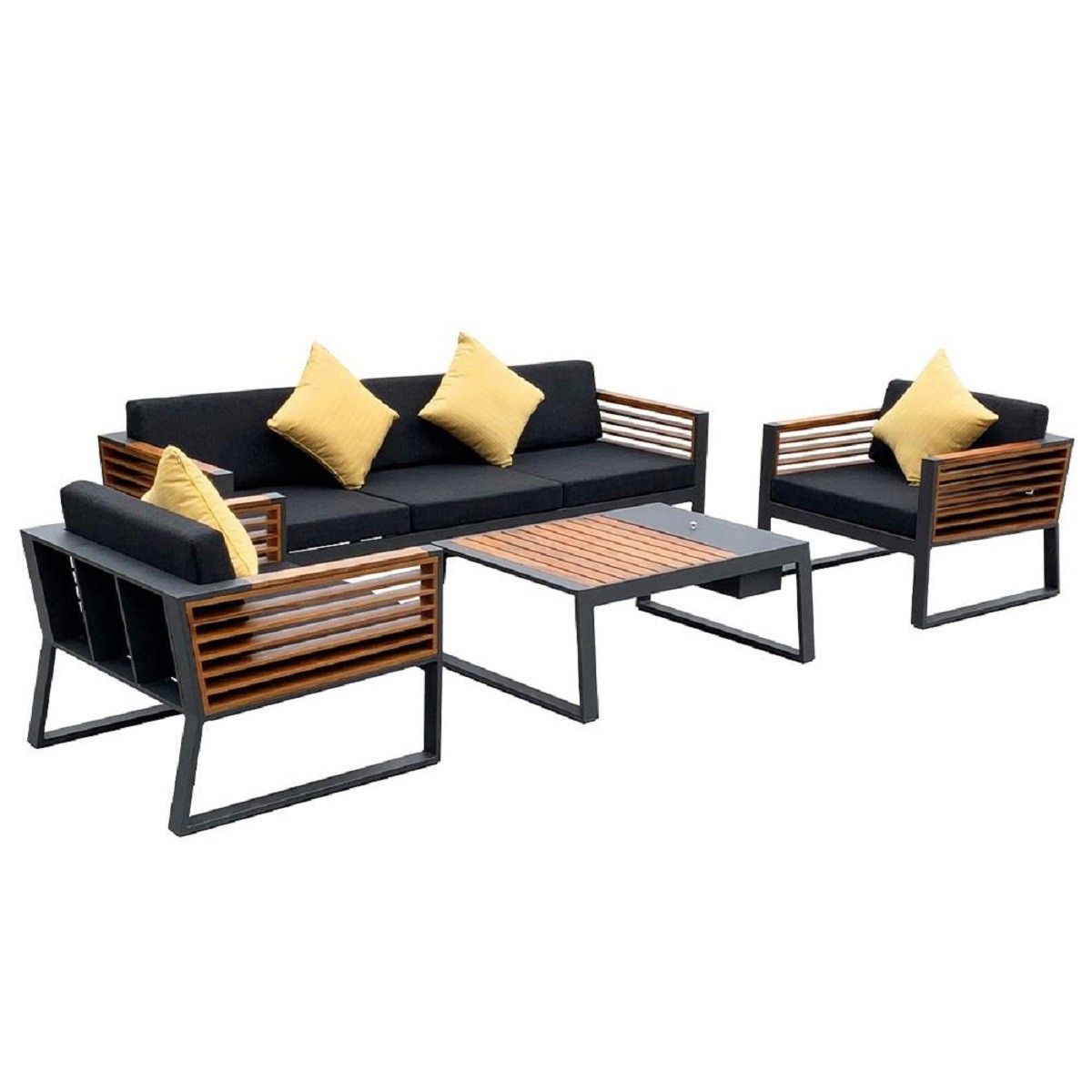 Möbelset für Terrasse und Garten, Sofa, 2 Sessel, Couchtisch, Eiskübel, Aluminium und Holz, inklusive Kissen, Kia