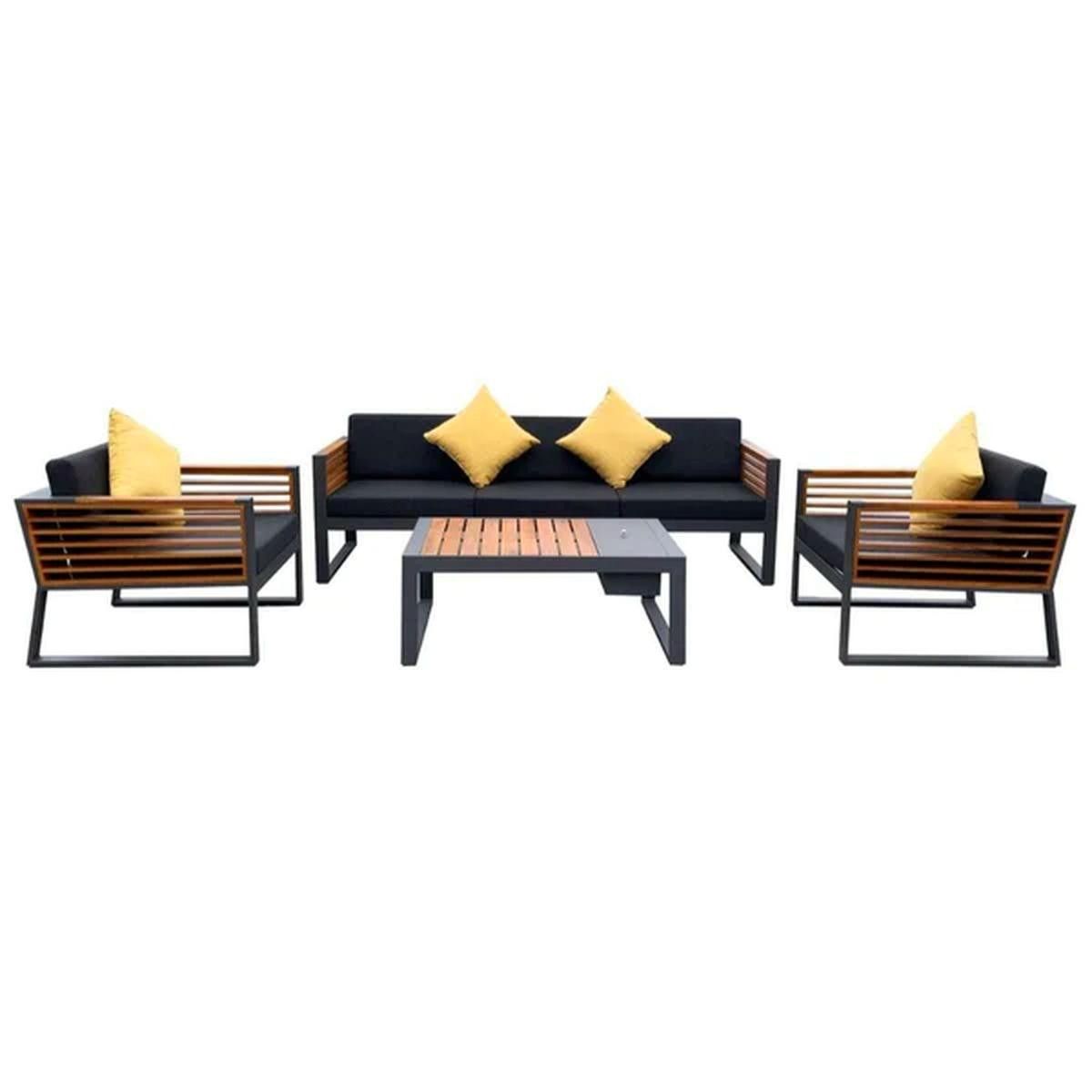 Möbelset für Terrasse und Garten, Sofa, 2 Sessel, Couchtisch, Eiskübel, Aluminium und Holz, inklusive Kissen, Kia