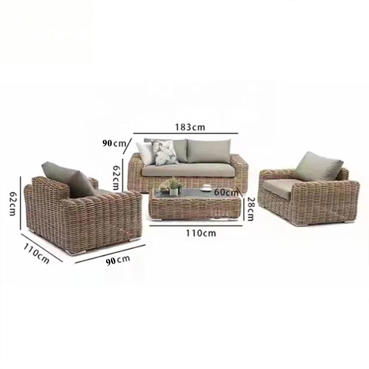 Möbelset für Terrasse oder Garten, Sofa, 2 Sessel, Couchtisch, Aluminiumrahmen, Polyrattan, Augusta