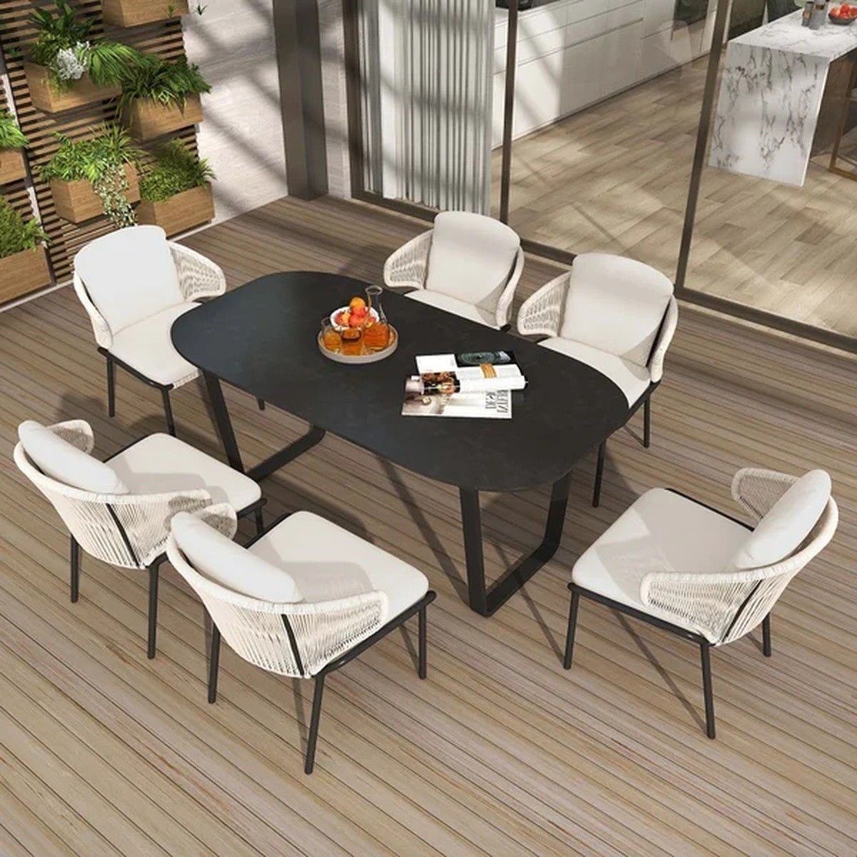Möbelset für Garten oder Terrasse, 6 Personen – Tisch mit Aluminiumplatte, Stühle mit Kissen, Polyrattan, Roma