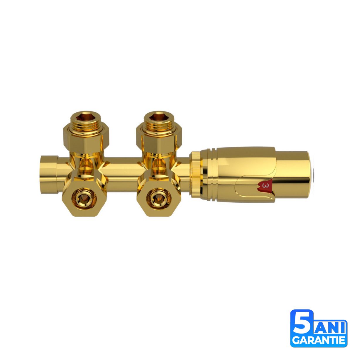 Heizkörper-Armaturenset, Thermostatkopf mit Ventil, 5-stufig einstellbar, für Vorlauf und Rücklauf, glänzendes Gold