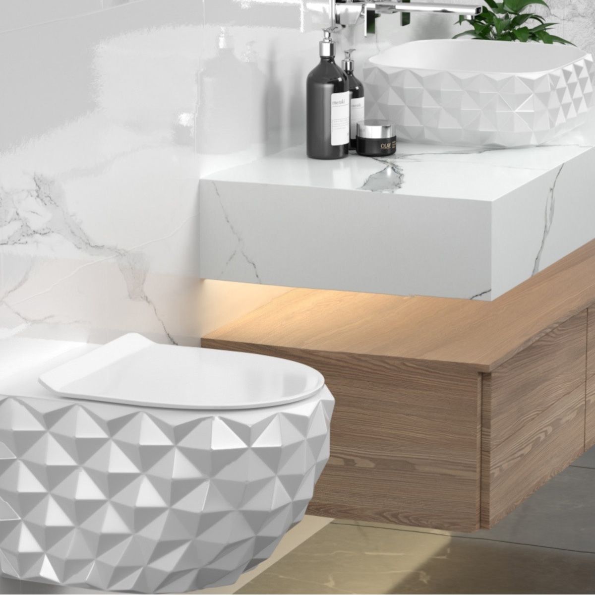 WC-Set und Waschbecken, Hochglanzweiß, wandhängend und für Aufsatzmontage, 49x36-61x34 cm, Duroplast-Sitz, Perlmutt