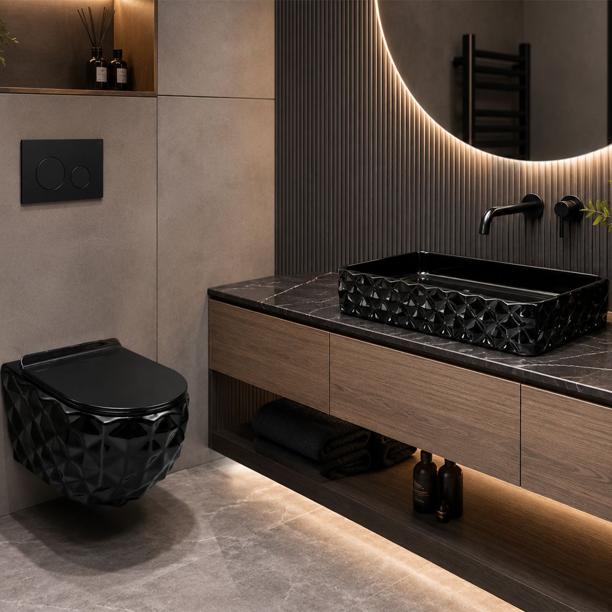 WC-Set und Waschbecken, glänzend Schwarz, wandhängend und für Aufsatzmontage, 49x36-61x34 cm, Duroplast-Sitz, Sidef