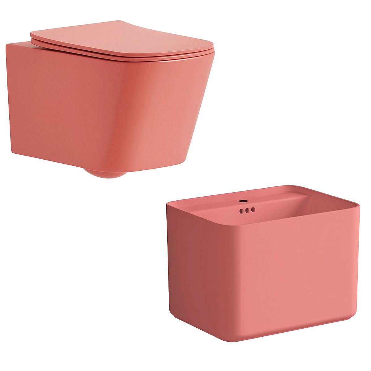 WC-Set und Waschbecken, Lachsrosa Matt, Power Color, 51x35-50x40 cm, wandhängend und Aufsatzmontage, Duroplast-Sitz, Alfonso