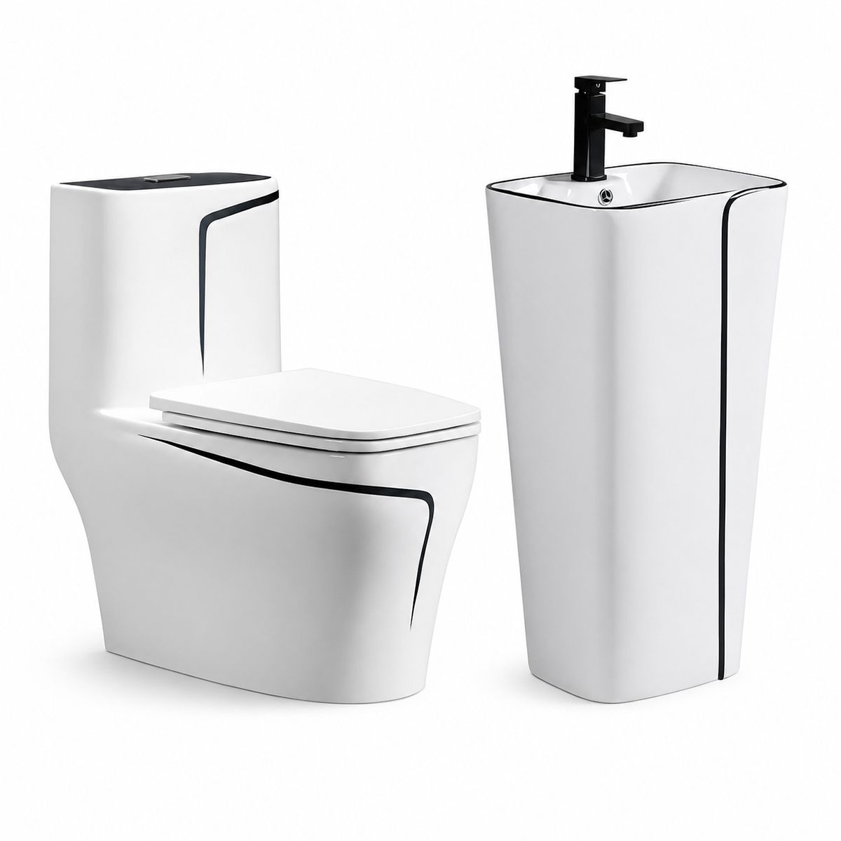 WC-Set und Standwaschbecken Lazio, Weiß, Sanitärkeramik, Bodenmontage, Spülkasten inklusive, mit Hahnloch, Soft-Close-Sitz