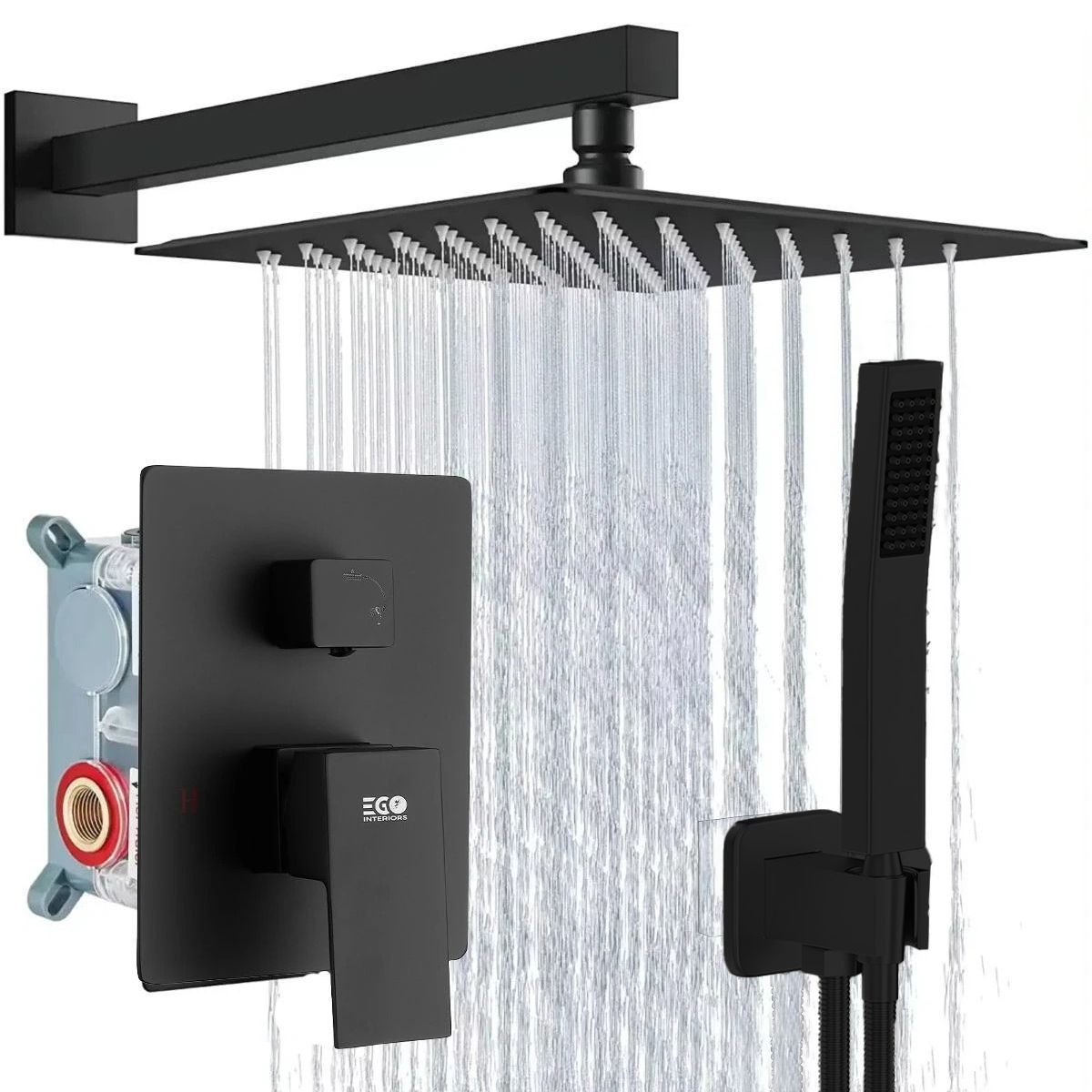 Duschsystem, Unterputzarmatur, 2 Funktionen, Regendusche, Mattschwarz, Venice