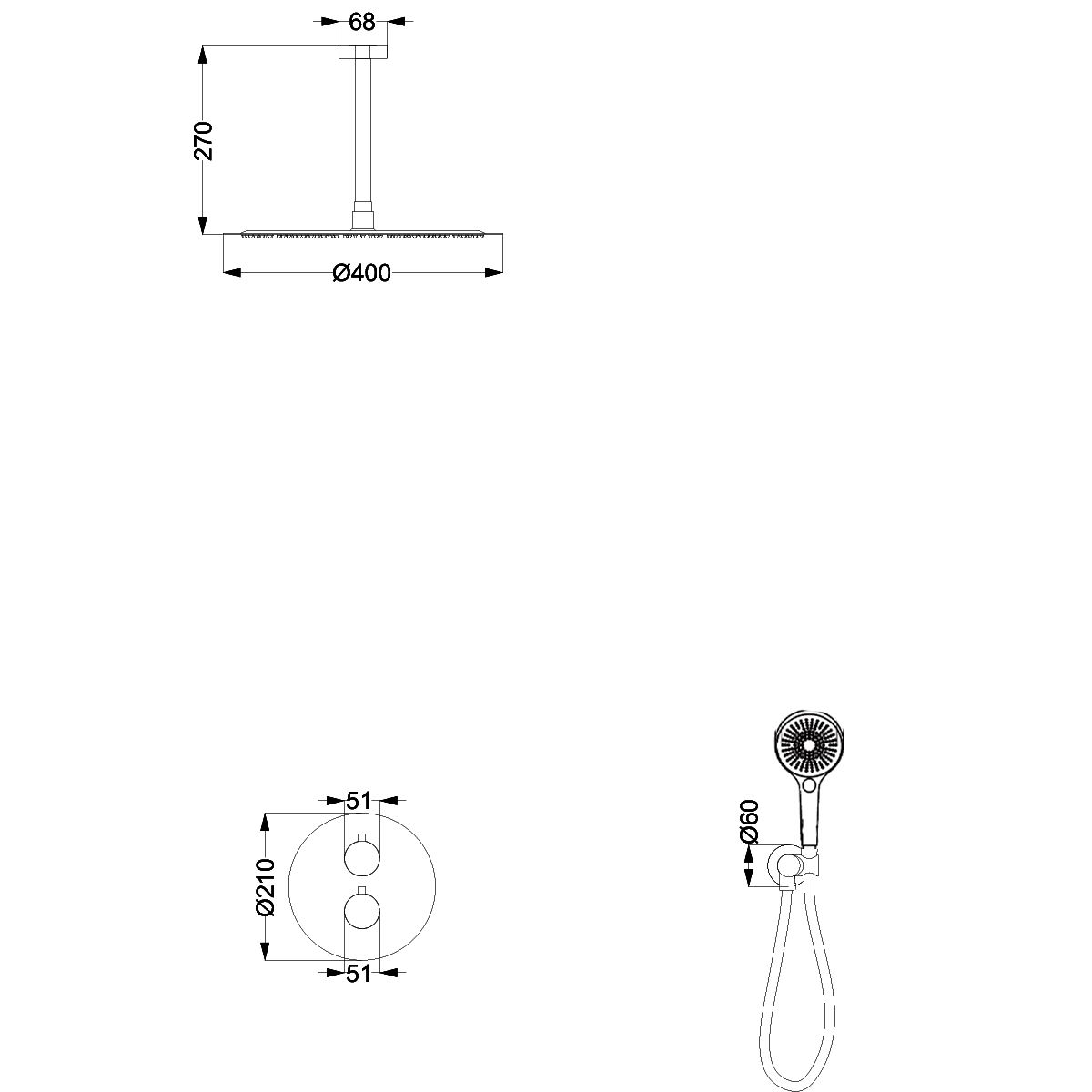 Duschsystem, Einbauarmatur mit Thermostat, 2 Funktionen, Deckenmontage, Regendusche, Mattschwarz, Apolo