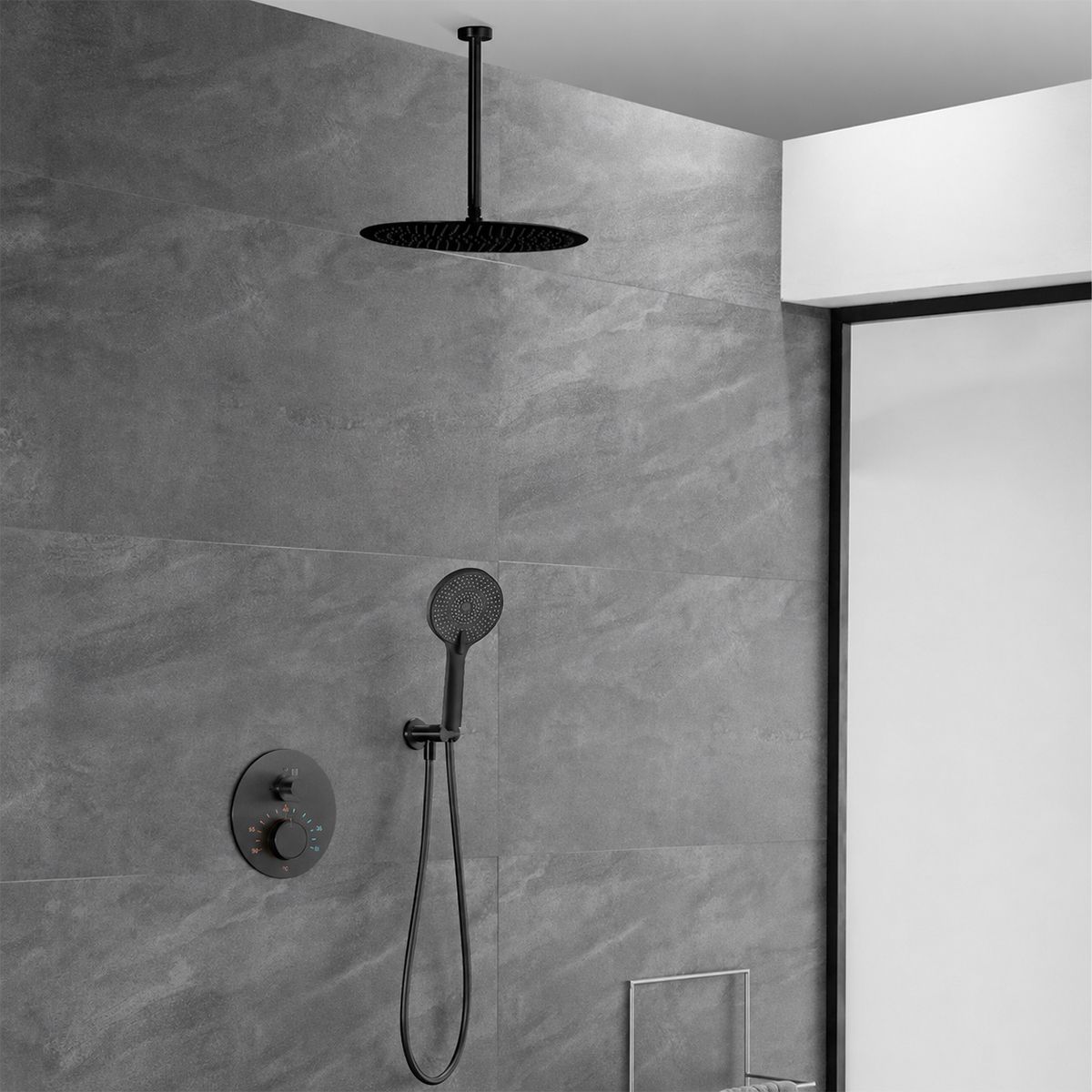 Duschsystem, Einbauarmatur mit Thermostat, 2 Funktionen, Deckenmontage, Regendusche, Mattschwarz, Apolo