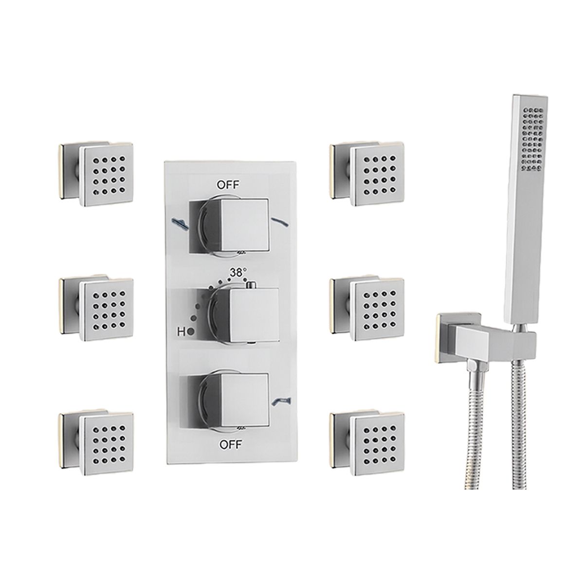 Duschsystem mit Thermostat, 6 Massagedüsen, wandbündige Montage, Messing, Chrom, Vento