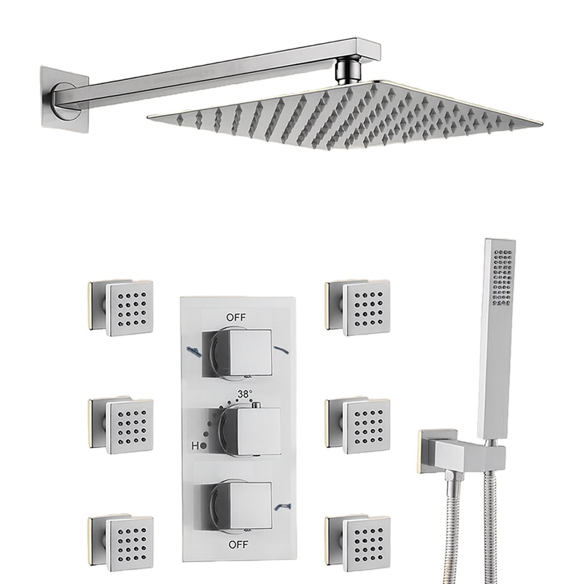 Duschsystem mit Thermostat, 6 Massagedüsen, wandbündige Montage, Messing, Chrom, Vento