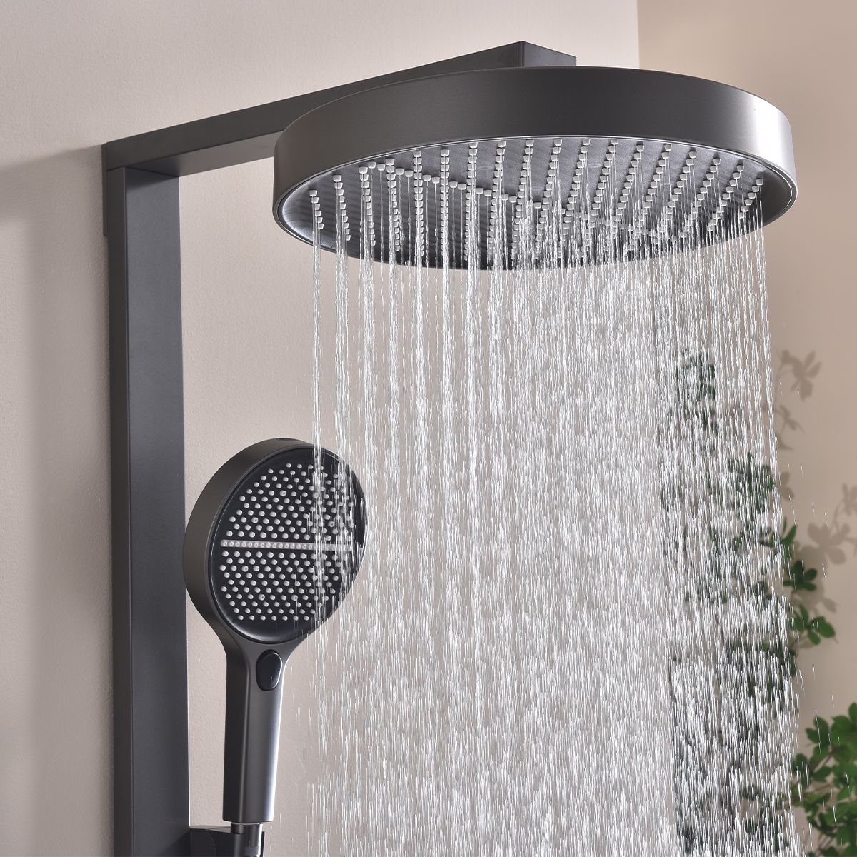 Duschsystem mit Thermostat, LED-Temperaturanzeige, Ablage, 3 Funktionen, Gun Grey, Prisma
