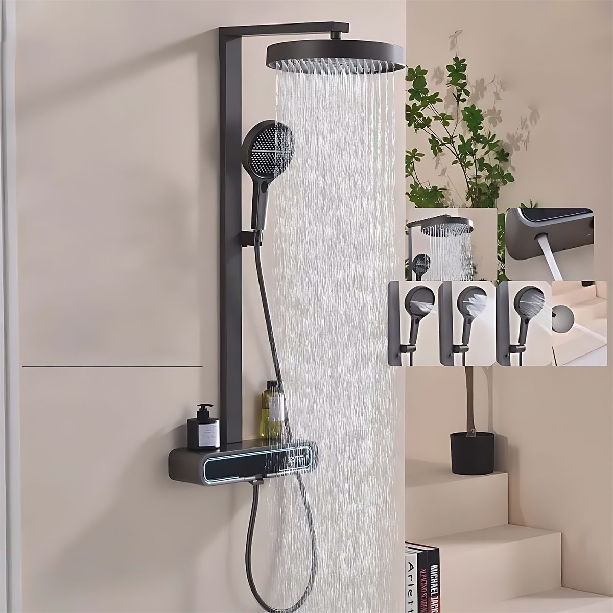 Duschsystem mit Thermostat, LED-Temperaturanzeige, Ablage, 3 Funktionen, Gun Grey, Prisma