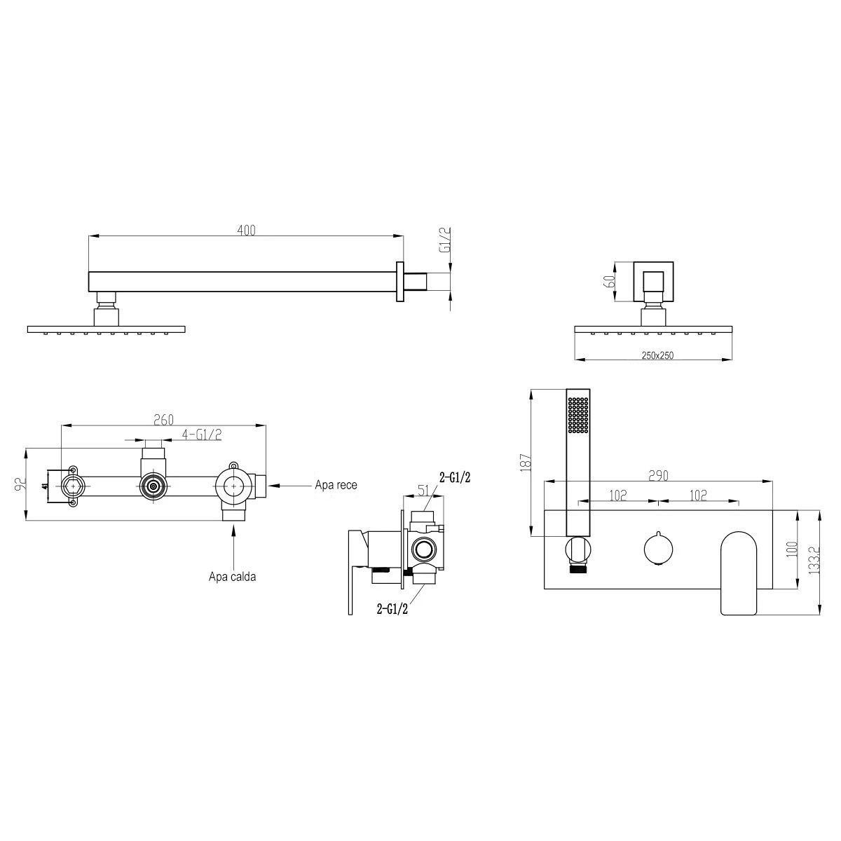 Duschsystem, Schwarz, 2 Funktionen, Messing, wandbündige Montage, Lucente