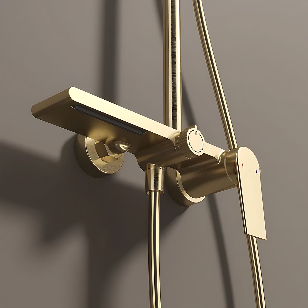 Duschsystem, Wasserfall-Badewannenauslauf, 3 Funktionen, Ablage, Wandmontage, Mattgold, Divina